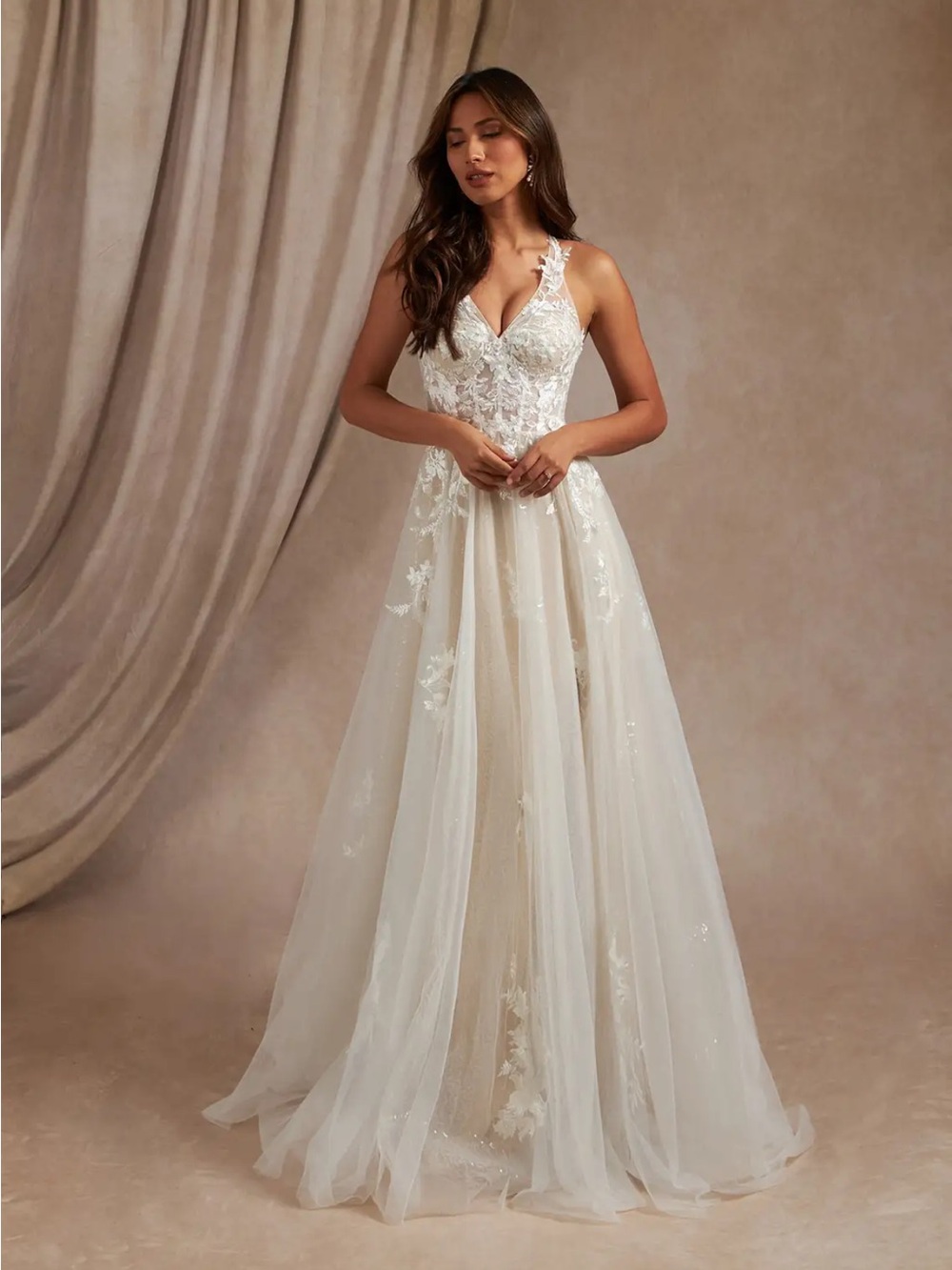 Azazie Dysis Lace Ivory over Nude Wedding Dress Elegant sparking gown